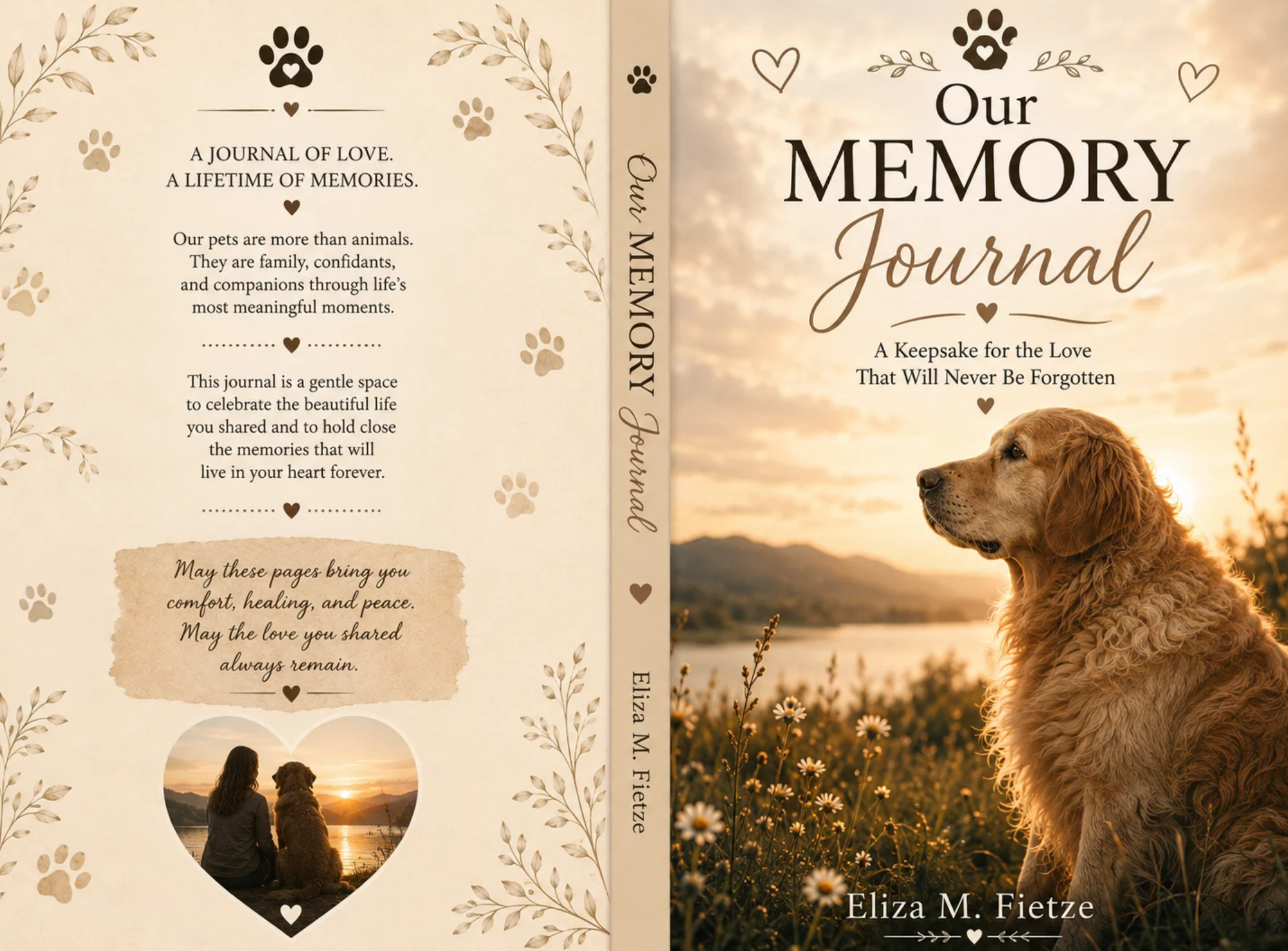 Our Memory Journal book cover with a golden retriever at sunset